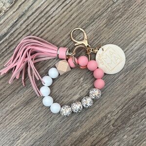 Pink and White Beaded Keychain with Tassel